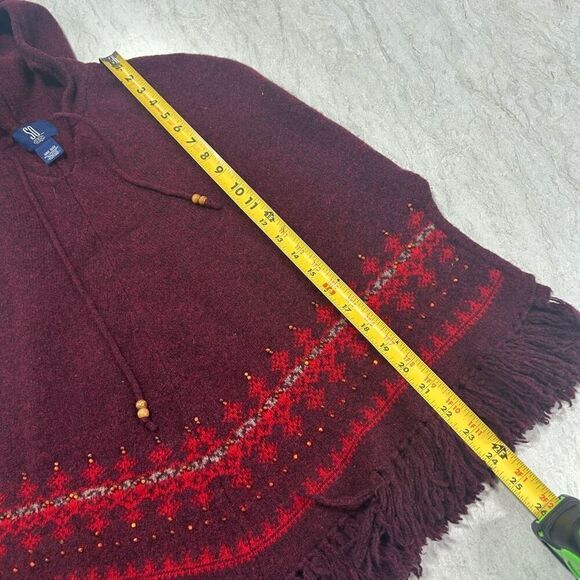 SO GSJC Women's Vintage Lambswool Hooded Poncho Red Fringe Fair Isle Beaded OS - Picture 11 of 12